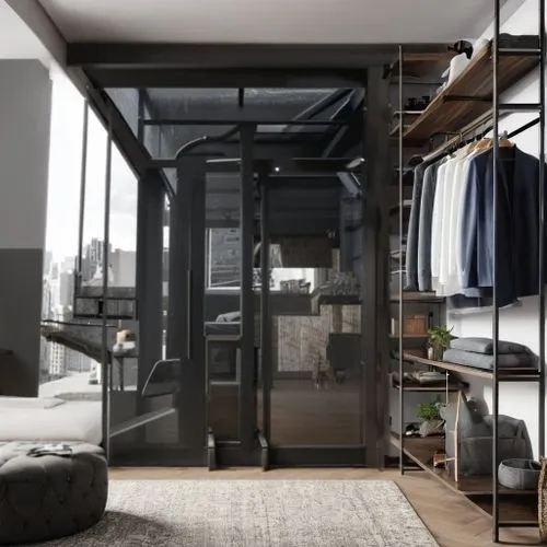 a walk in closet that is next to some closet doors,walk-in closet,mudroom,loft,closets,modern room,wardrobes,hallway space,apartment,lofts,closet,roominess,an apartment,shared apartment,wardrobe,assoc