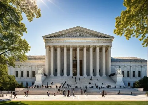 Neoclassical US Supreme Court building, grand Corinthian columns, white marble exterior, steps leading up to entrance, ornate pediment, statues of historical figures, American flags waving, Washington