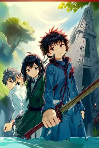 a poster for sworded angel anime with the main characters standing behind him,shinran,detective conan,nodame,heiji,gainax,hiei,Anime,Anime,Traditional