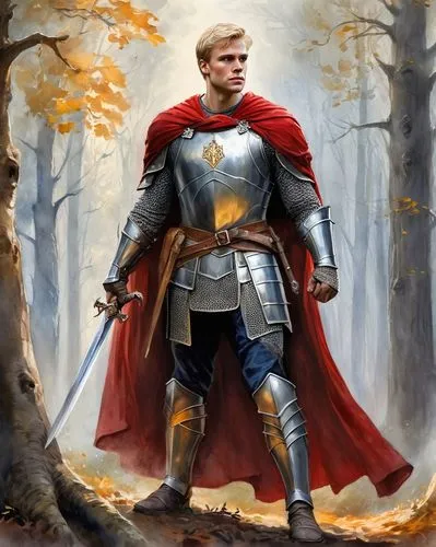 male, fantasy knight, muscular, broad shoulders, strong jawline, short blonde hair, blue eyes, scar above eyebrow, metal armor, silver sword, red cape, golden emblem, heroic pose, standing, misty fore