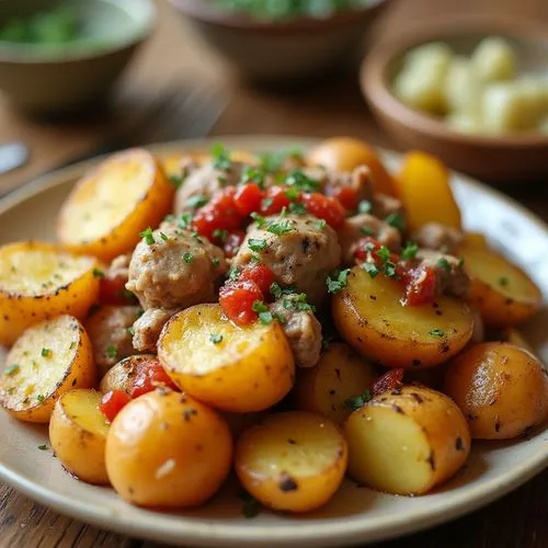 ukrainian dill potatoes,potatoes with vegetables,rosemary potatoes,baked meat and potatoes,potato dish,roasted potatoes