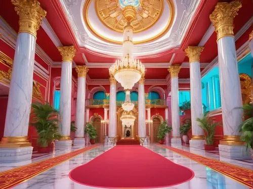 Grand, classic, ornate building, Baroque style, white marble columns, intricately carved details, grand staircase, crystal chandelier, luxurious red carpet, golden frame paintings, Renaissance-inspire