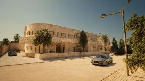 Tavertine clad walls ,a white car parked in front of a brick building,umayyad palace,madaba,hala sultan tekke,qasr al kharrana,qasr amra,hasakah,Photography,General,Natural