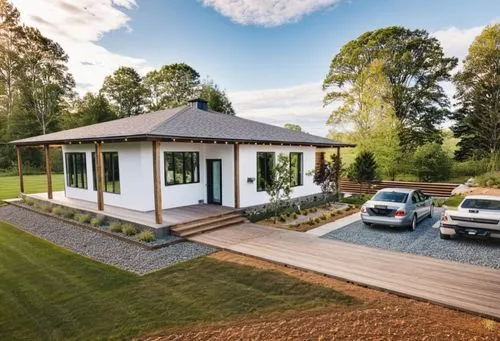 Modern house in American style. There is a mixed forest around. There is a lawn in front of the house.,the two vehicles are parked in the parking lot next to a small house,inverted cottage,danish hous