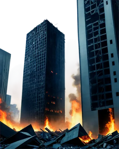 Apocalyptic scene, destroyed cityscape, smoky atmosphere, ruins of skyscrapers, broken glass, twisted metal, fire flames, debris scattered, dramatic lighting, low-angle shot, cinematic composition, gr