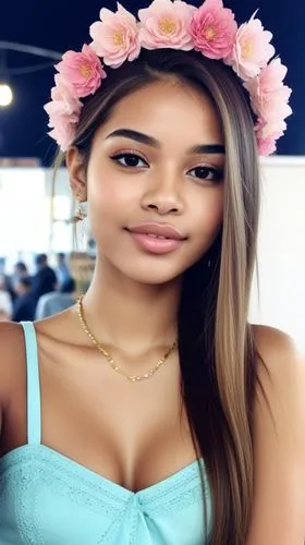 pretty,a beautiful young woman wearing a flower head wreath,lumidee,monifa,kimberlain,lilyana,marshallese,thahane