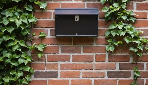 Modern architectural letterbox, sleek metal body, clean lines, minimalist design, urban style, mounted on a brick wall, surrounded by climbing vines, morning dew, subtle shadows, soft natural light, 3