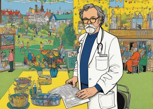 Harvey, the friendly town doctor, organizes a wellness fair for the community.,cartoon doctor,theoretician physician,medicine icon,medical icon,covid doctor,doctor bags,doctor,pharmacist,dr,david bate