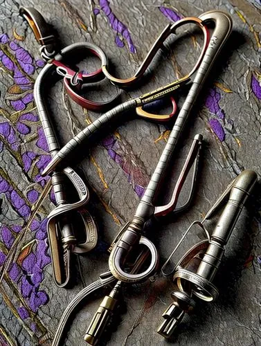 sewing tools,shackles,music keys,carabiner,scrapbook clamps,metal clips,jew's harp,old trumpet,house keys,carpathian bells,connectors,block and tackle,climbing equipment,horse tack,prayer beads,plucked string instruments,rock-climbing equipment,musical instrument accessory,handbell,violin key