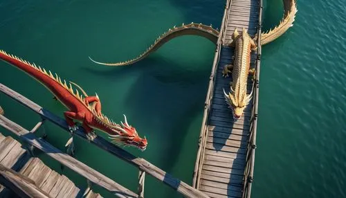 "Looking down from the bridge at the water below, you see the tail of a giant Chinese dragon beneath the surface.",dragon bridge,tiger and turtle,adventure bridge,pteranodon,gopendra,vertiginous,jaggi