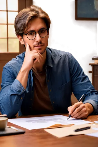 Writer, male, mid-30s, bespectacled, messy brown hair, casual wear, holding pen, paper scattered around, intense thinking face, warm lighting, shallow depth of field, cinematic composition, 3/4 view, 