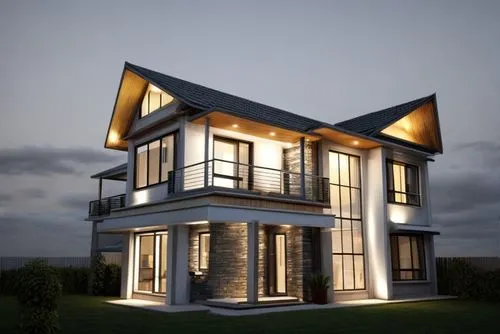 render in a evening shot .add spot lights to external slab projections and wall washers to walls
,3d rendering,smart home,modern house,floorplan home,two story house,house drawing,frame house,house fl