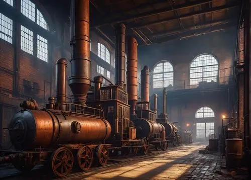 Industrial-era inspired factory, intricate brick walls, rusty metal beams, large windows with steel frames, steam-powered machines, copper pipes, worn stone floors, old-fashioned lanterns, 18th-centur