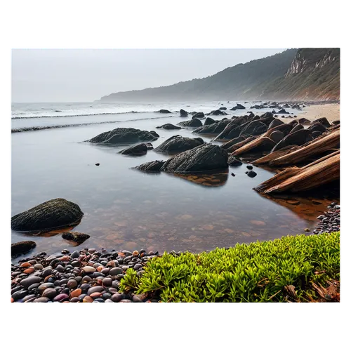 Seaside, high tide, waves crashing shore, ocean spray, misty atmosphere, rocky coastline, pebbles scattered beach, driftwood, seaweed tangled, sunlight reflecting water, shallow depth of field, warm c