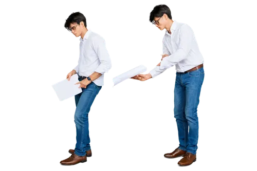 Young adult, male, student, casual, holding a paper, right hand grasping, left hand supporting, white shirt, blue jeans, brown shoes, messy black hair, glasses, focused expression, natural lighting, 3