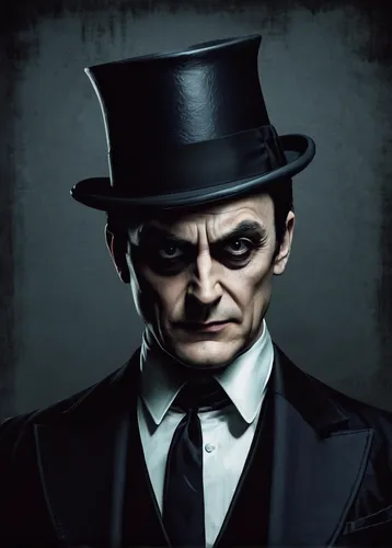 Imagine Oswald Cobblepot as a charismatic and manipulative mastermind, using his cunning intellect to outsmart his enemies and manipulate them to do his bidding.,black hat,mafia,top hat,joker,bowler h