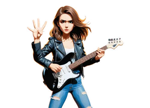 Electric guitar, rockstar pose, solo, spotlight, black leather jacket, blue jeans, white sneakers, holding guitar pick, strap around shoulder, messy brown hair, intense facial expression, stage lights