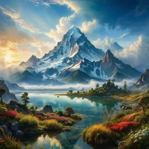 a breathtaking view of a mountain landscape, with snow-capped peaks reaching towards the sky. In the distance, a towering volcano looms, its peaks shrouded in mist. A lake stretches out as far as the 