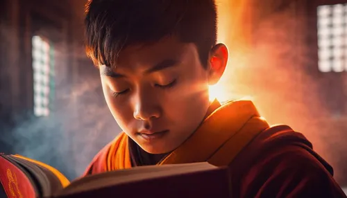 buddhist monk,monk,indian monk,buddhists monks,shaolin kung fu,bookworm,tao,child with a book,xing yi quan,kai yang,author,yuan,magic book,buddha focus,xiangwei,i ching,wuchang,theravada buddhism,sci fiction illustration,orange robes,Conceptual Art,Fantasy,Fantasy 19