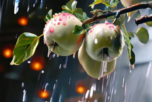 fruit hanging from a tree with rain pouring down,dewdrops,droplets,raindrops,dew drops,dew droplets,waterdrops