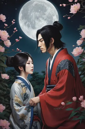 kimjongilia,romantic portrait,moon and star,hanbok,plum blossoms,young couple,moonlit night,korean drama,the moon and the stars,plum blossom,korean culture,japanese art,beautiful couple,mukimono,yi sun sin,full moon day,romantic scene,blue moon rose,moonflower,oriental painting,Conceptual Art,Daily,Daily 14