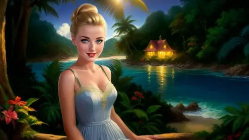 Romantic masterpiece oil painting, cute girl portrait, nostalgic 1950's style kitsch, vibrant rainforest landscape, lush tropical jungle paradise, summer beach vacation seaside cottage scenery, by Tho