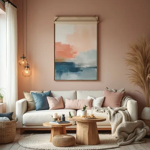 gold-pink earthy colors,sitting room,livingroom,living room,soft furniture,furnishing,modern decor,danish furniture,scandinavian style,pastels,sofaer,contemporary decor,soft pink,apartment lounge,sofa set,interior decor,interior design,boho art,boho art style,dusky pink,Photography,General,Realistic