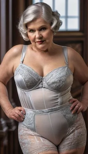 1920's radiatingly chubby 60yo woman with silver updo hair, in laced one piece longline girdle with straps and stockings, ultrarealistic skin texture,shapewear,hypermastus,margolyes,lampanelli,dotrice