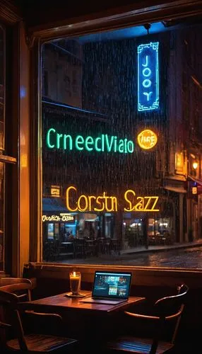 cozy all-night cafe, neon signs, dimly lit interior, warm ambiance, steam rising from hot beverages, aromatic coffee scent, soft jazz music, few patrons typing away on laptops, comfortable cushioned c