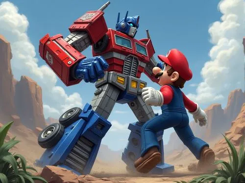 Optimus prime g1 fight vs mario,an image of a cartoon character playing with his toy truck,orsanic,optimus,reploids,grendizer,cliffjumper,megazord