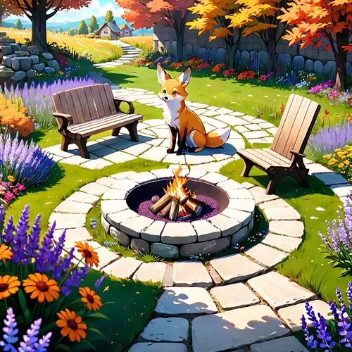 firepit,garden-fox tail,campfire,fire pit,foxes,idyllic,Anime,Anime,Traditional