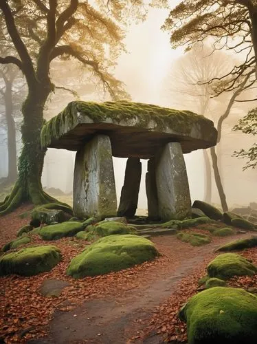 Ancient dolmen, mysterious atmosphere, granite stones, moss-covered, weathered, rugged texture, overgrown with vines, solitary, rural landscape, misty morning, soft golden light, dramatic composition,