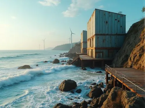 Rugged coastline, crashing waves, salty sea air, weathered steel structures, rusty metal textures, industrial aesthetic, modern coastal architecture, angular lines, minimalist design, sustainable ener