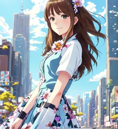 a portrait half body of a caucasian girl 25 years old brown hair stand up dressing in a flowered dress New York as background in 4k,mikuru asahina,anime japanese clothing,miku maekawa,japanese sakura 