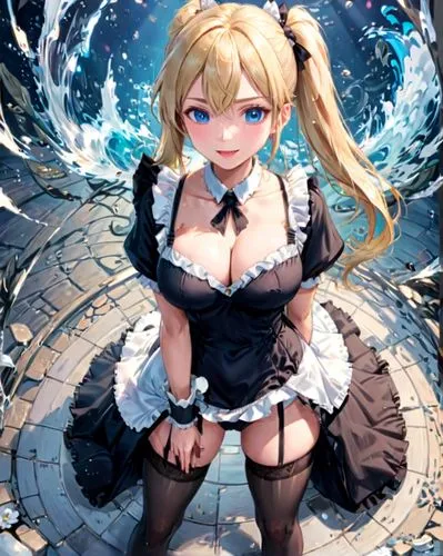 sexy alluring tall blonde female maid
mansion library at night
kneeling on the floor
submissive pose
saliva dripping from  open mouth
view from above
large breasts
slim waist
wide hips
long blonde hai