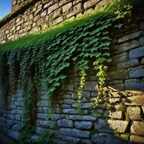 Ancient, historic, European-style wall, stone bricks, rugged texture, ivy climbing, moss growing, cracked surface, worn-out edges, mysterious ambiance, warm afternoon sunlight, dramatic shadows, 3/4 c