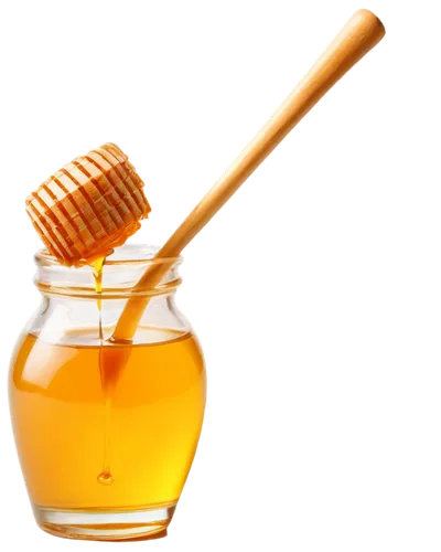 Golden honey, liquid texture, transparent glass bottle, wooden dipper, natural lighting, close-up shot, shallow depth of field, warm color tone, 3/4 composition, sweet dripping honey, smooth surface, 