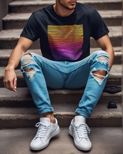 Graphic T-shirt, modern typography design, casual wear, young adult, hipster style, bold font, vibrant colors, gradient effect, distressed texture, ripped jeans, sneakers, urban background, city stree