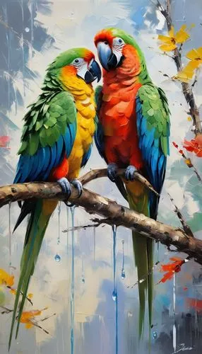 a colorful oil painting with palette knife of two parrot sitting on a branch, in the style of marcin sobas, 32k uhd, animals and people, oil painter, intense light and shadow, ferrania p30,two colorfu