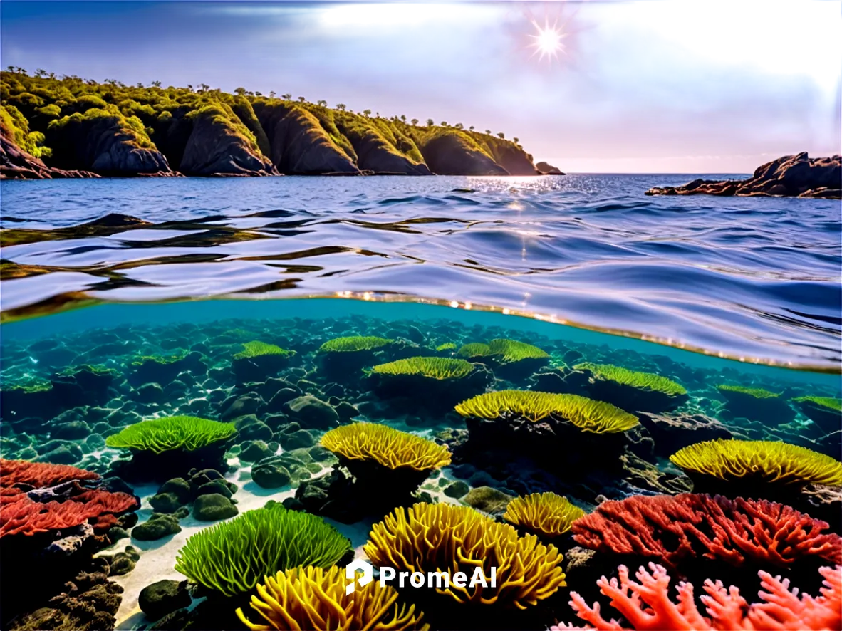 Ocean landscape, vibrant green seaweed, coral reef, schools of small fish, transparent crystal clear water, sunlight shining through surface, gentle waves, rocky coast, 3/4 composition, shallow depth 