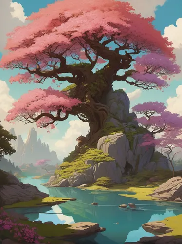 Create a whimsical fantasy world where floating islands are covered in vibrant flowering branches.,sakura tree,bonsai,japanese sakura background,sakura background,isolated tree,flourishing tree,sakura