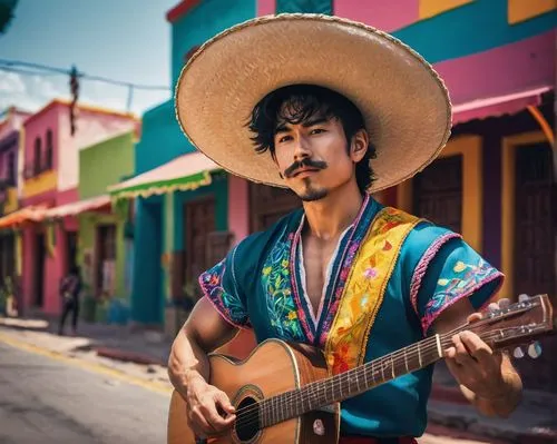 Goku, Mariachi, male, (25yo), strong facial features, black hair, thick eyebrows, bushy mustache, colorful embroidered costume, wide-brimmed hat, guitar, energetic pose, standing, Mexican street, vibr