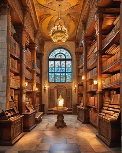 Ancient, ornate dictionary, wooden shelves, leather-bound books, golden metal filigree, grandiose stone columns, high ceiling, stained glass windows, dim warm lighting, quiet atmosphere, mysterious am