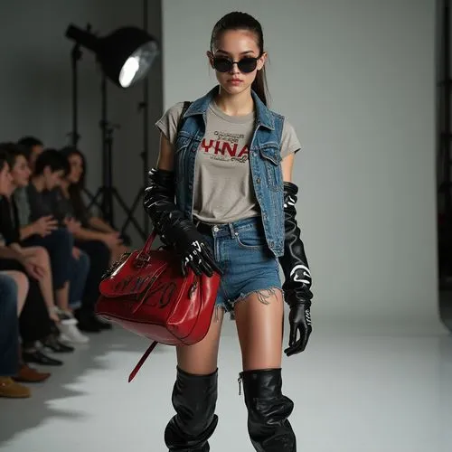 "Imagine a young model on a photo shoot set, wearing denim shorts paired with a matching sleeveless denim vest over a fitted neutral crop top. She’s sporting oversized black leather thigh-high boots w