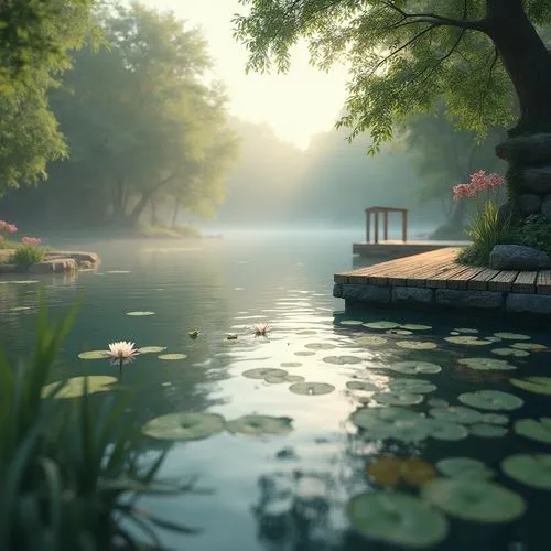 lily pond,pond,tranquility,garden pond,lilly pond,lotus on pond,beautiful lake,quietude,calm water,lotus pond,evening lake,tranquillity,seclude,pond flower,forest lake,serene,full hd wallpaper,calmness,idyll,morning mist,Photography,General,Realistic