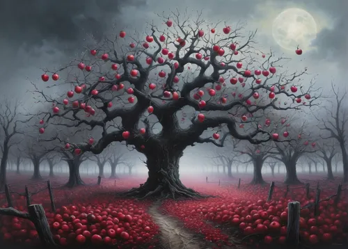 apple tree,red apples,fruit tree,acerola,apple trees,red tree,cherry tree,strawberry tree,crabapple,apple orchard,red apple,tree grove,scarlet oak,crab apple,cherry trees,pomegranate,halloween bare trees,orchards,rowanberries,fruit trees,Conceptual Art,Fantasy,Fantasy 29