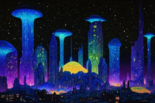 mushroom landscape,alien world,fantasy city,planets,futuristic landscape,starscape,spaceships,alien planet,lanterns,sky city,cosmos field,space ships,fantasy world,skyflower,space art,mushroom island,dream world,cosmos,universe,fantasy landscape,Art,Artistic Painting,Artistic Painting 32