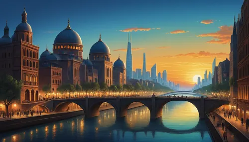 world digital painting,fantasy city,city scape,cityscape,fantasy landscape,ancient city,fantasy picture,city cities,dusk background,french digital background,city skyline,bridge new europe,fantasy art,evening city,city moat,cartoon video game background,futuristic landscape,venezia,landscape background,fantasy world,Art,Classical Oil Painting,Classical Oil Painting 22