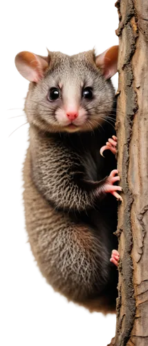 Possum, solo, nocturnal animal, fluffy fur, round ears, black nose, whiskers, cute face, bright eyes, climbing, sitting on branch, tree bark texture, natural habitat, warm lighting, shallow depth of f