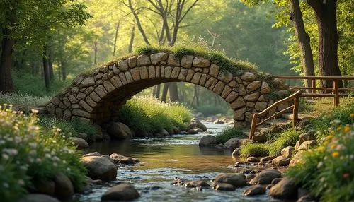 Rustic pedestrian bridge, rammed earth material, natural texture, earthy color, curved arch shape, wooden handrail, wildflowers blooming around, gentle stream running beneath, serene forest surroundin